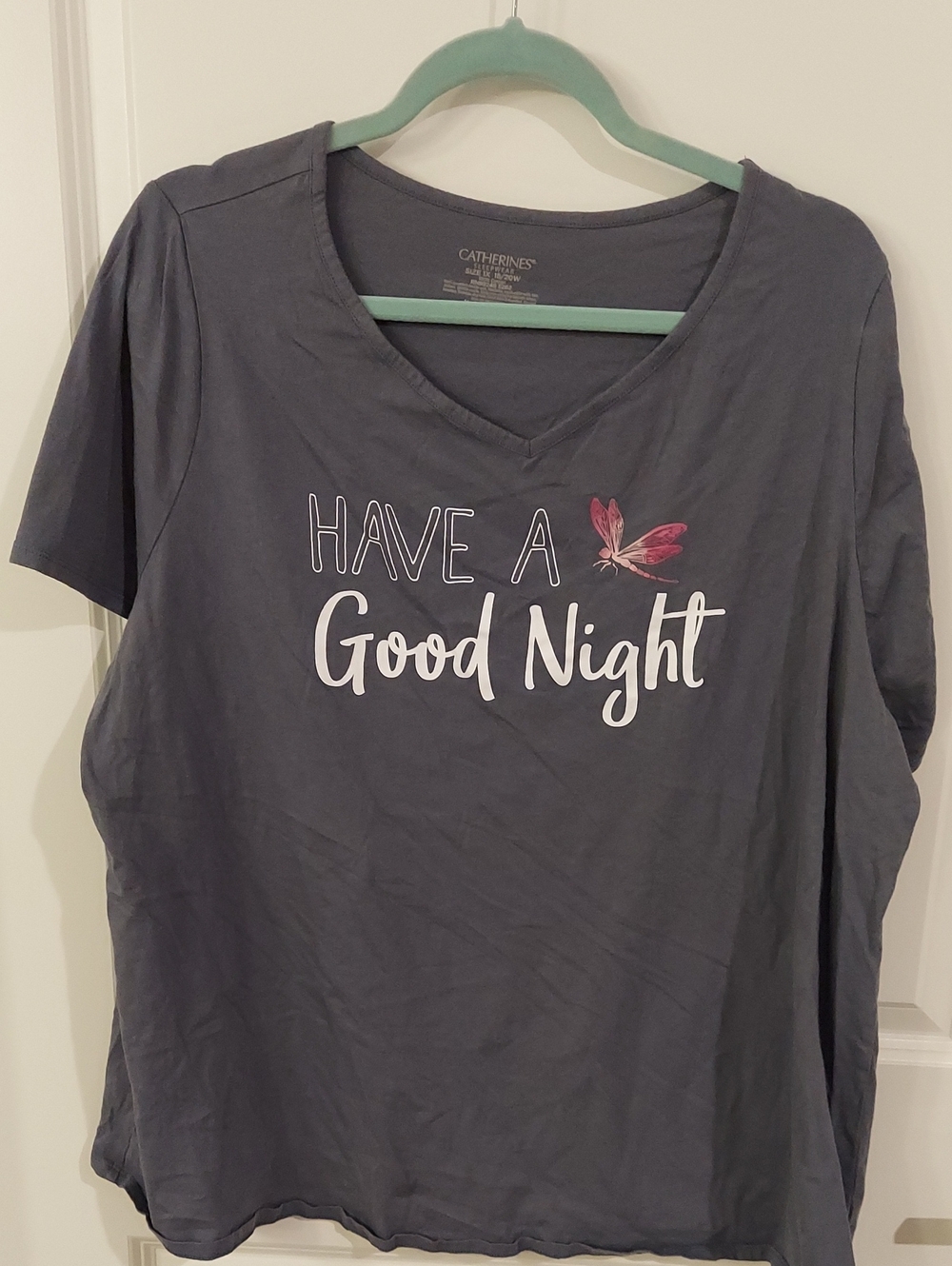 Catherines Charcoal V-Neck 'Have A Good Night' Sleep Tee with Pink Dragonfly
